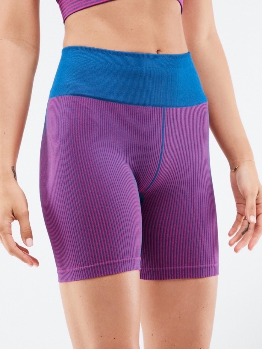 Fabletics High-Waisted Seamless Rib Biker Shorts Electric Blue/Pink Women’s S